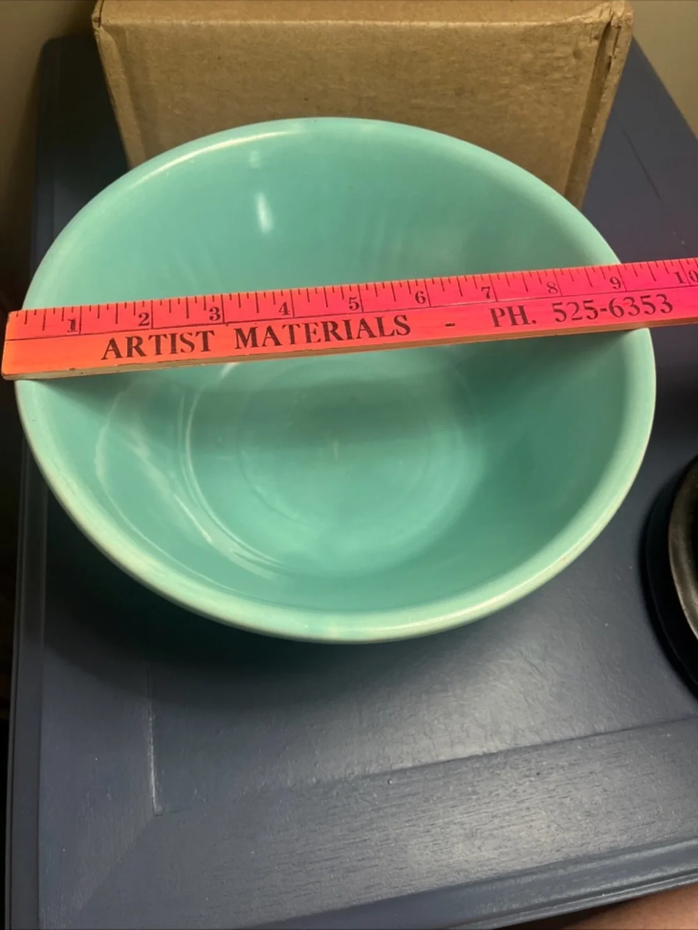 Vintage Homer Laughlin aqua/teal mixing bowl with Apple Tree pattern